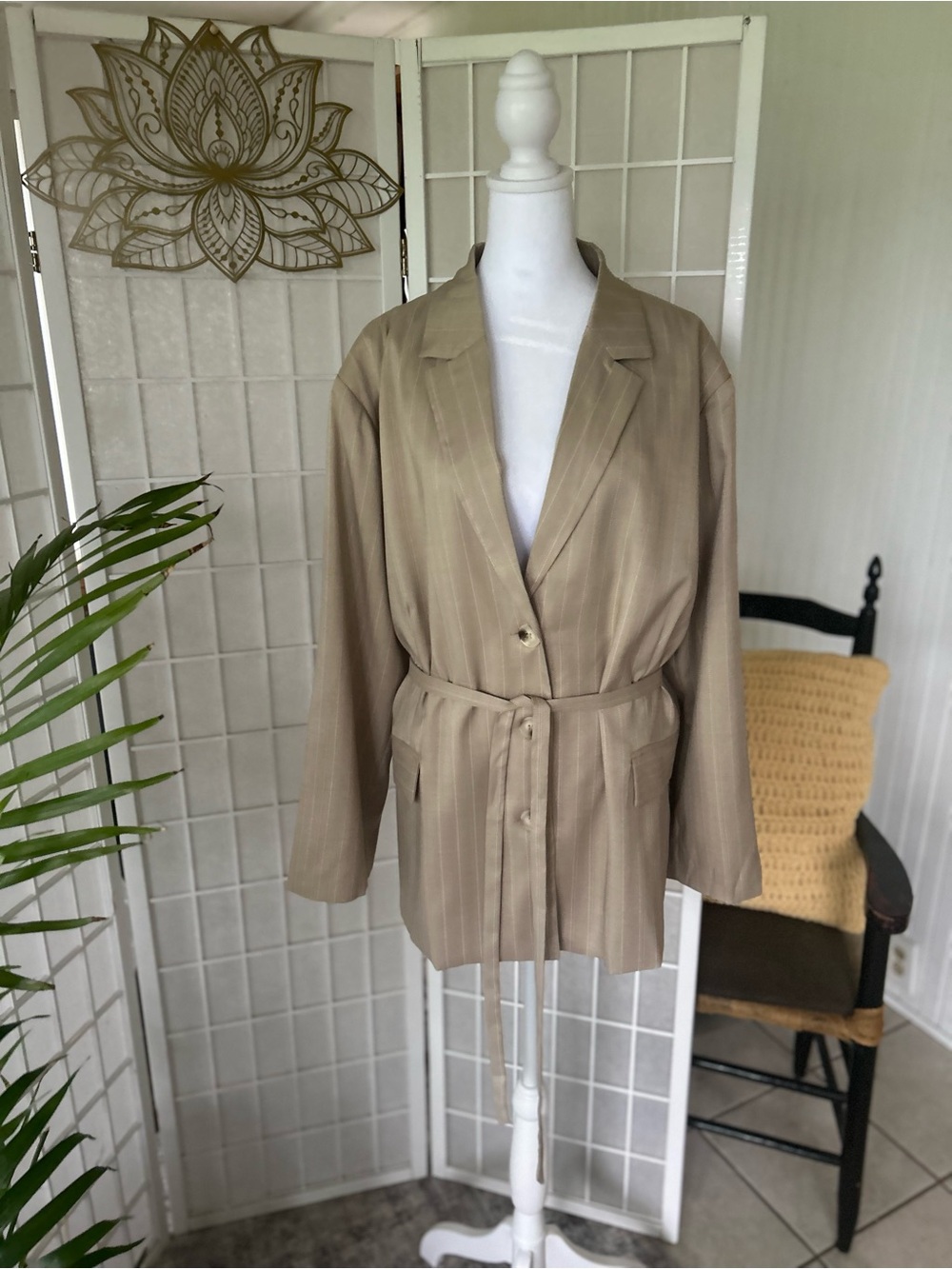 ✨🤍 New With Tags | Polagram Beige Pinstripe Tie-Waist Jacket | Size 2X 🤍✨